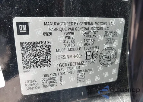 2021 Chevrolet Silverado 1500 z USA, uszkodzony, nr VIN 1GCRYBEF5MZ114540